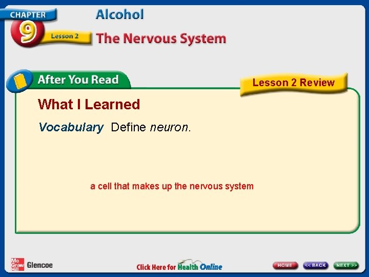 Lesson 2 Review What I Learned Vocabulary Define neuron. a cell that makes up