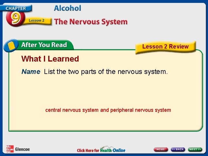 Lesson 2 Review What I Learned Name List the two parts of the nervous