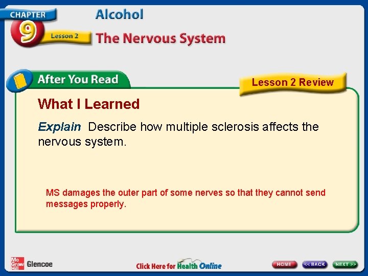Lesson 2 Review What I Learned Explain Describe how multiple sclerosis affects the nervous