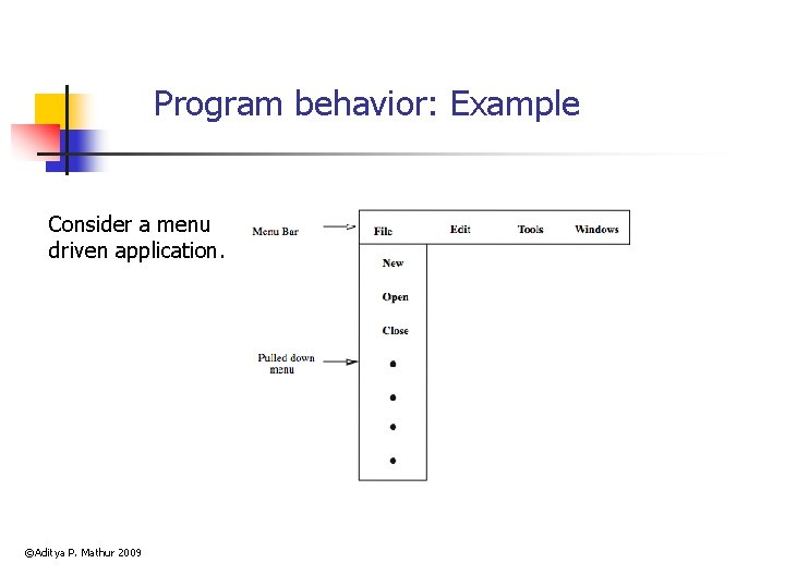 Program behavior: Example Consider a menu driven application. ©Aditya P. Mathur 2009 