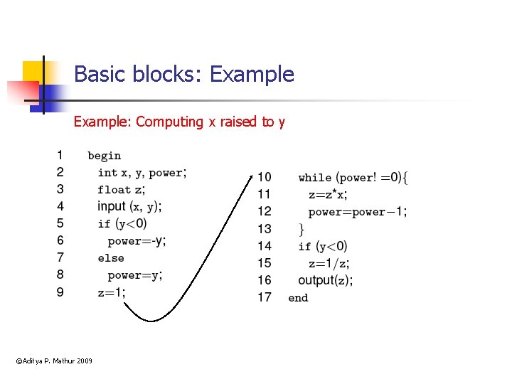 Basic blocks: Example: Computing x raised to y ©Aditya P. Mathur 2009 