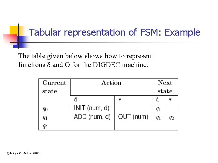 Tabular representation of FSM: Example The table given below shows how to represent functions