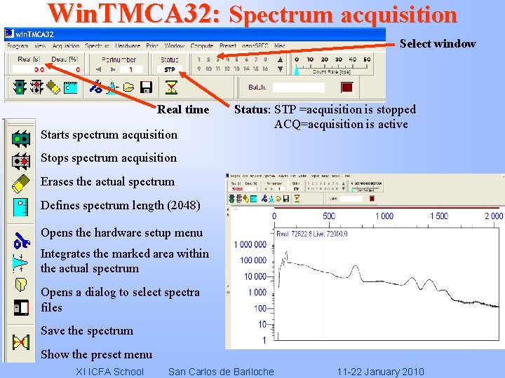 Win. TMCA 32: Spectrum acquisition Select window Real time Starts spectrum acquisition Status: STP