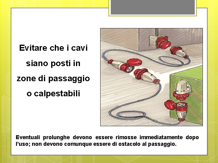 Evitare che i cavi siano posti in zone di passaggio o calpestabili Eventuali prolunghe