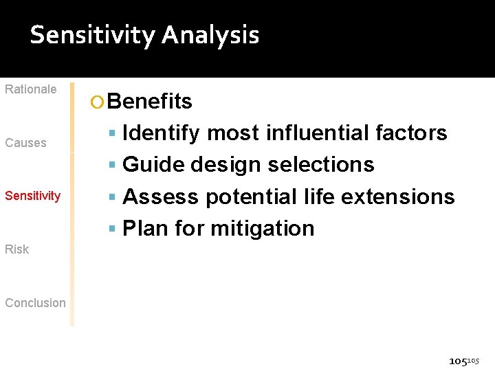 Sensitivity Analysis Rationale Causes Benefits Identify most influential factors Guide design selections Sensitivity Assess