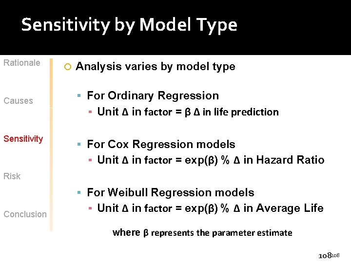 Sensitivity by Model Type Rationale Causes Sensitivity Analysis varies by model type For Ordinary