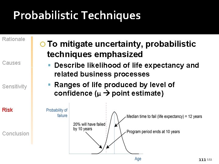 Probabilistic Techniques Rationale Causes Sensitivity To mitigate uncertainty, probabilistic techniques emphasized Describe likelihood of