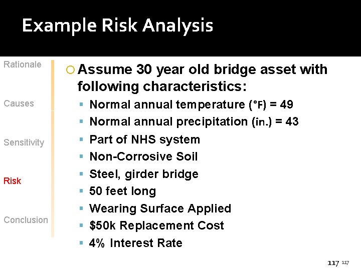 Example Risk Analysis Rationale Causes Assume 30 year old bridge asset with following characteristics: