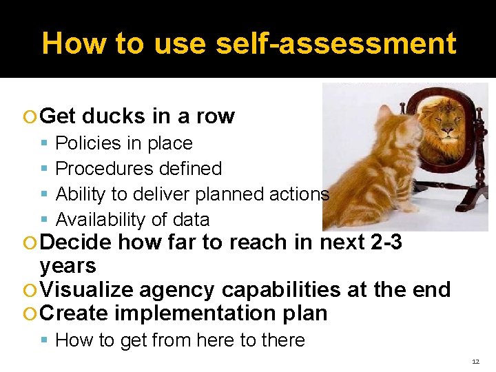 How to use self-assessment Get ducks in a row Policies in place Procedures defined