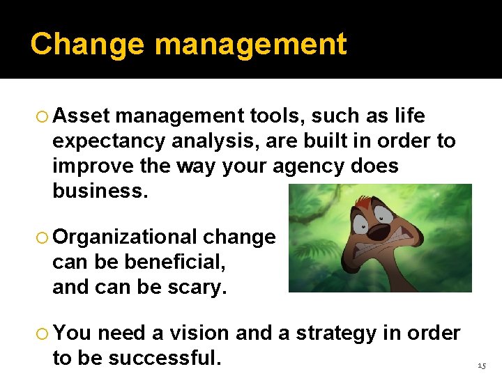 Change management Asset management tools, such as life expectancy analysis, are built in order