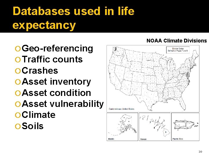 Databases used in life expectancy Geo-referencing Traffic counts Crashes Asset inventory Asset condition Asset