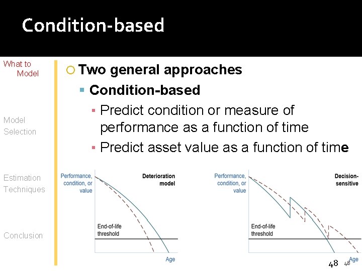 Condition-based What to Model Selection Two general approaches Condition-based ▪ Predict condition or measure