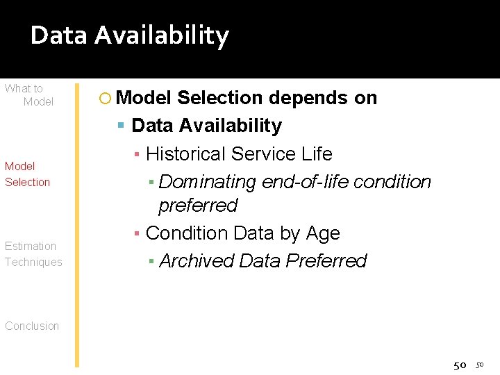 Data Availability What to Model Selection Estimation Techniques Model Selection depends on Data Availability