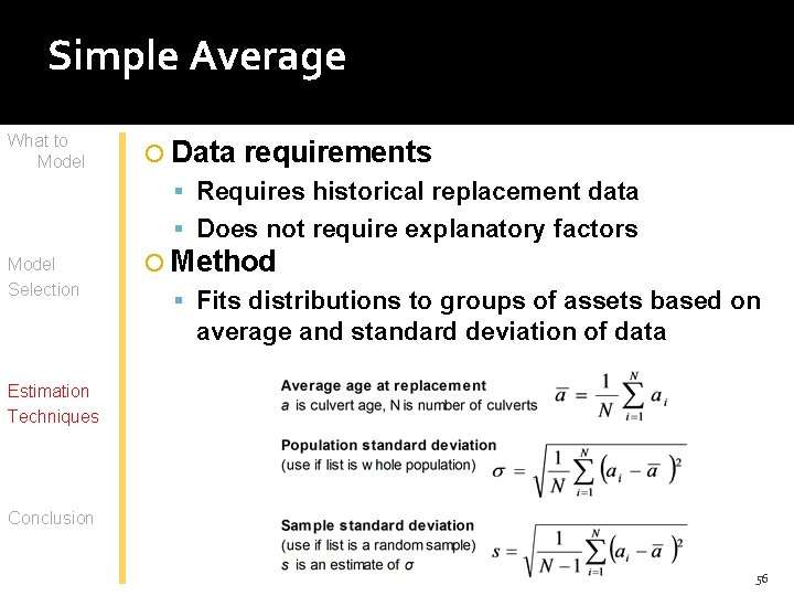 Simple Average What to Model Data requirements Requires historical replacement data Does not require