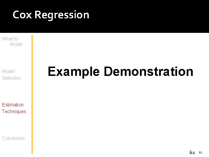 Cox Regression What to Model Selection Example Demonstration Estimation Techniques Conclusion 61 61 