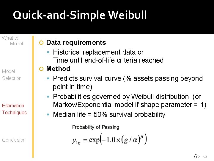 Quick-and-Simple Weibull What to Model Selection Estimation Techniques Data requirements Historical replacement data or