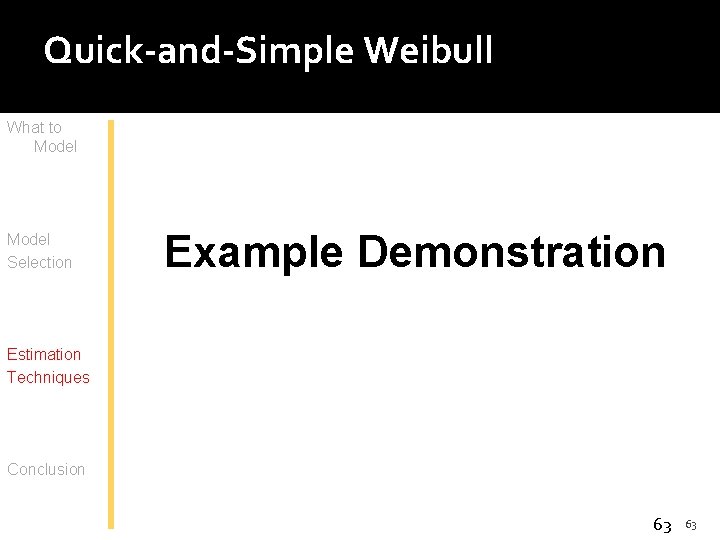 Quick-and-Simple Weibull What to Model Selection Example Demonstration Estimation Techniques Conclusion 63 63 