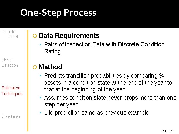 One-Step Process What to Model Data Requirements Pairs of inspection Data with Discrete Condition