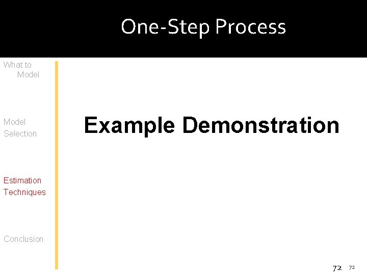 One-Step Process What to Model Selection Example Demonstration Estimation Techniques Conclusion 72 72 