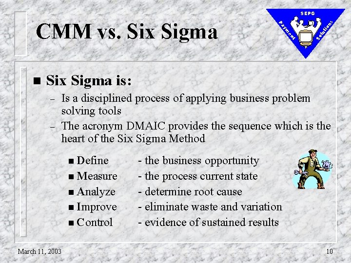 tio lu So t en ym n Pa CMM vs. Six Sigma ns SEPG