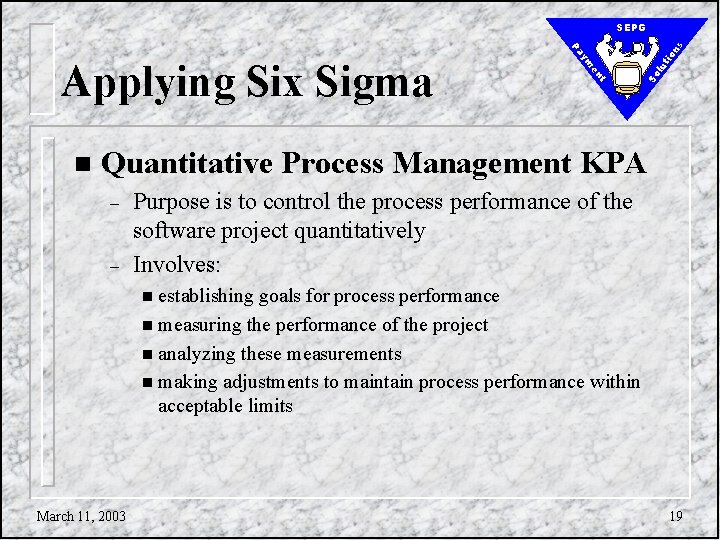 lu So t en n ym Applying Six Sigma tio Pa ns SEPG Quantitative