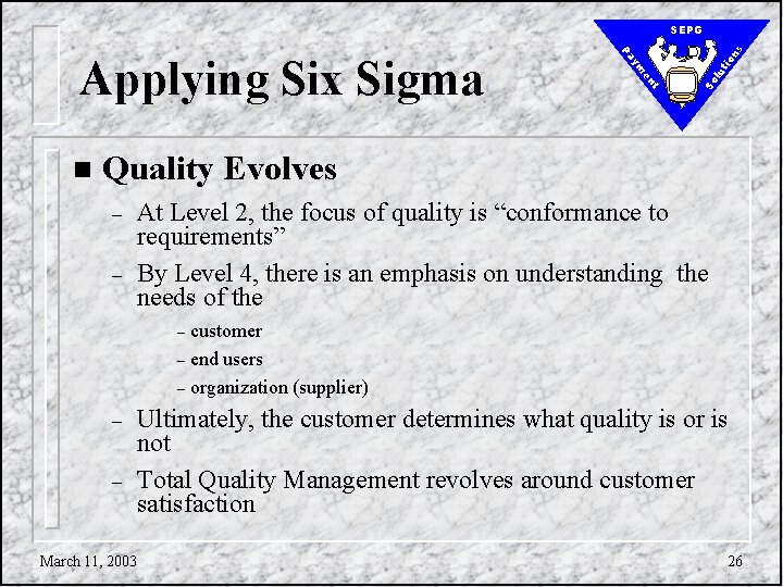 tio lu So t en ym n Pa Applying Six Sigma ns SEPG Quality