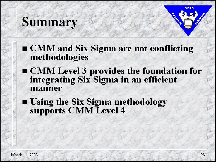 lu So t en ym tio Pa Summary ns SEPG CMM and Six Sigma