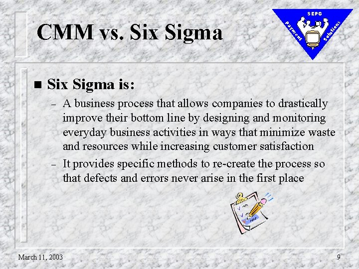 tio lu So t en ym n Pa CMM vs. Six Sigma ns SEPG