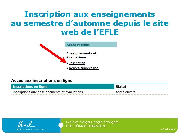 Inscription aux enseignements au semestre d’automne depuis le site web de l’EFLE 3 Ecole