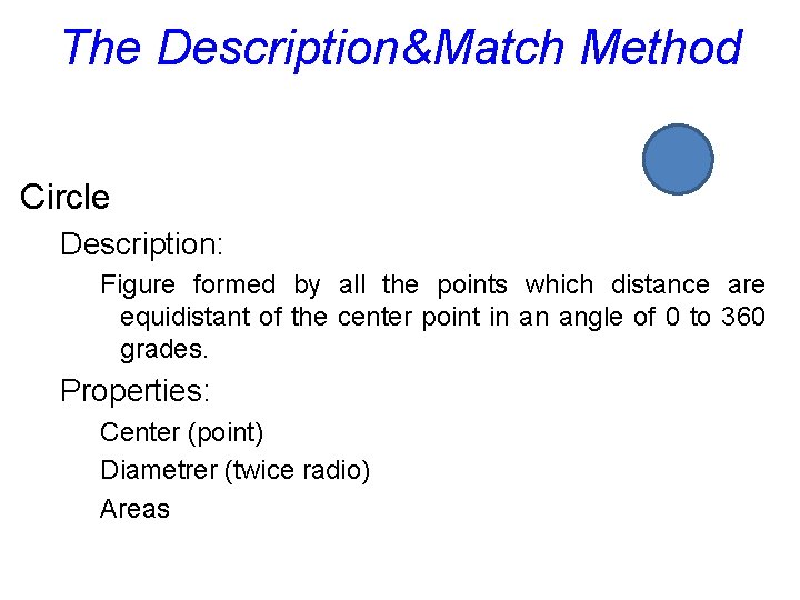 The Description&Match Method Circle Description: Figure formed by all the points which distance are
