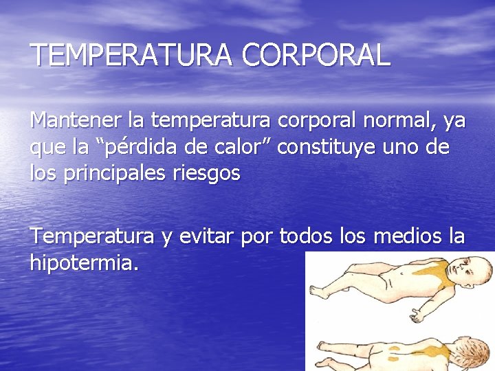 TEMPERATURA CORPORAL Mantener la temperatura corporal normal, ya que la “pérdida de calor” constituye