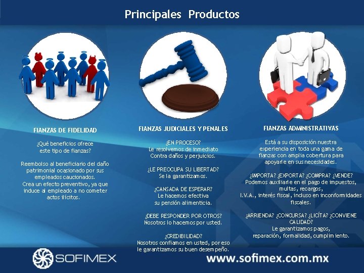 Principales Productos FIANZAS DE FIDELIDAD FIANZAS JUDICIALES Y PENALES FIANZAS ADMINISTRATIVAS ¿Qué beneficios ofrece