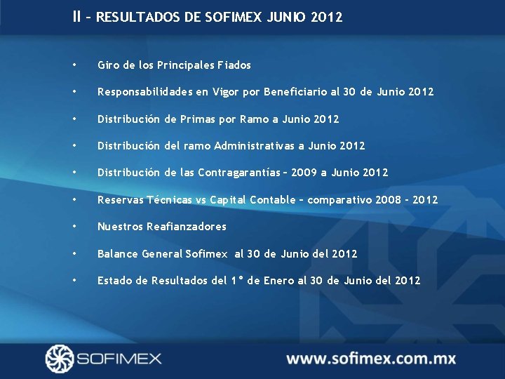 II – RESULTADOS DE SOFIMEX JUNIO 2012 • Giro de los Principales Fiados •