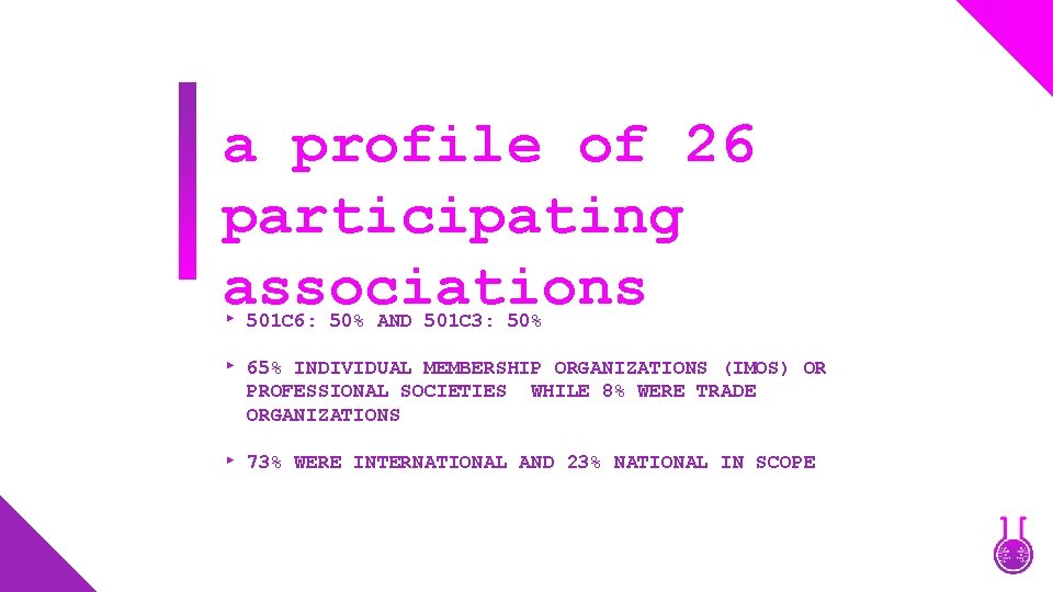 a profile of 26 participating associations 501 C 6: 50% AND 501 C 3: