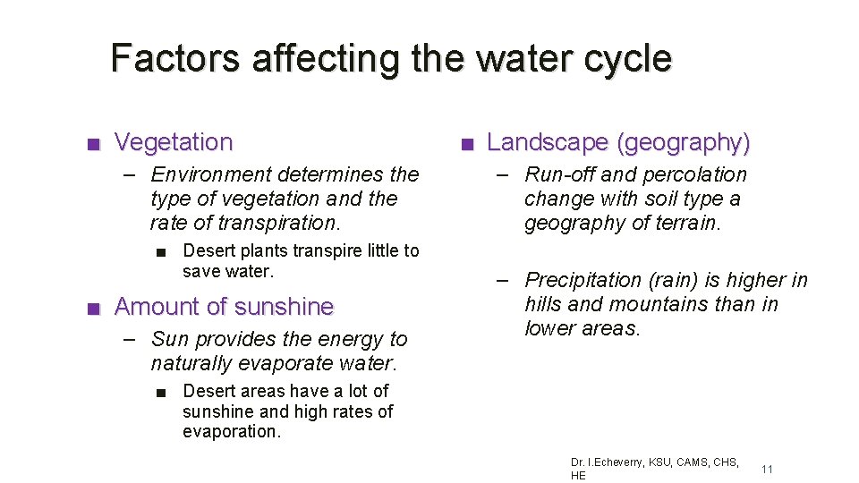 Factors affecting the water cycle ■ Vegetation – Environment determines the type of vegetation