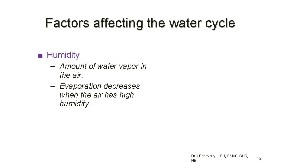 Factors affecting the water cycle ■ Humidity – Amount of water vapor in the