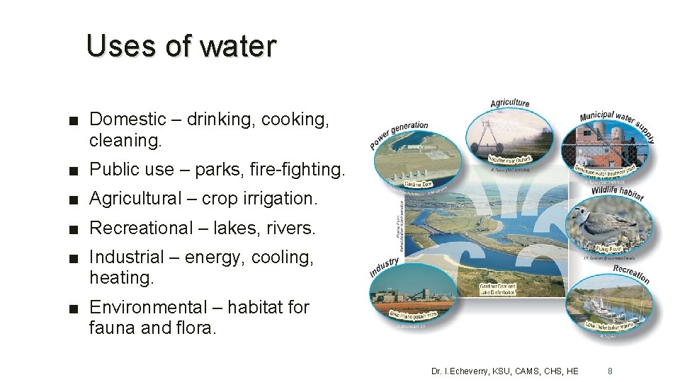 Uses of water ■ Domestic – drinking, cooking, cleaning. ■ Public use – parks,