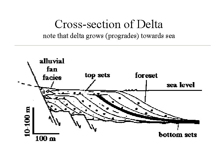 Cross-section of Delta note that delta grows (progrades) towards sea 