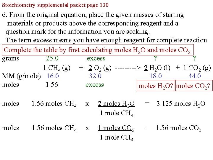 Stoichiometry supplemental packet page 130 6. From the original equation, place the given masses