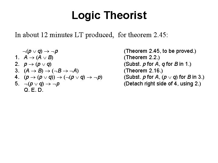 Logic Theorist In about 12 minutes LT produced, for theorem 2. 45: 1. 2.