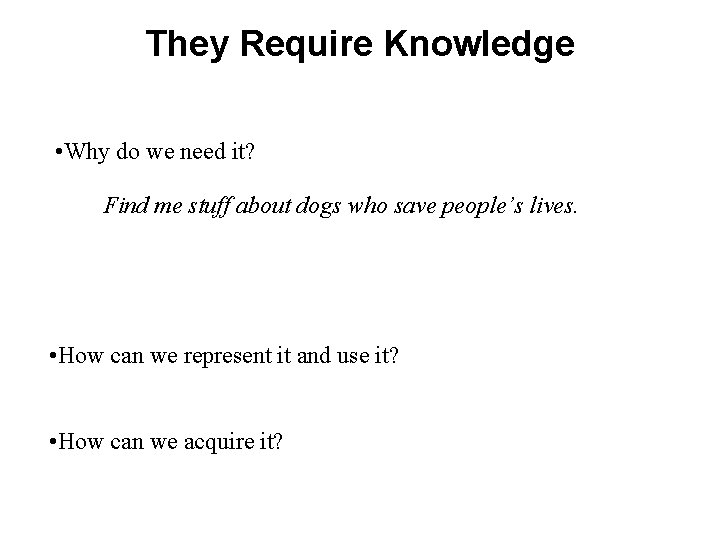 They Require Knowledge • Why do we need it? Find me stuff about dogs