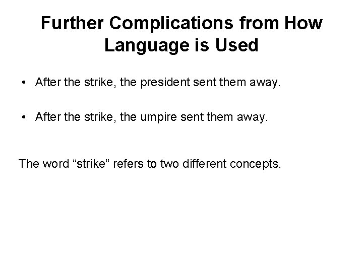 Further Complications from How Language is Used • After the strike, the president sent