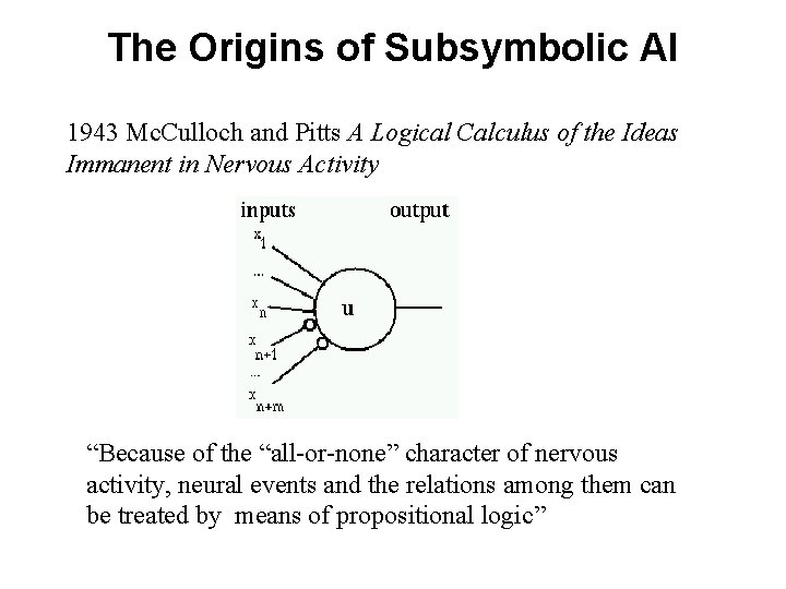 The Origins of Subsymbolic AI 1943 Mc. Culloch and Pitts A Logical Calculus of