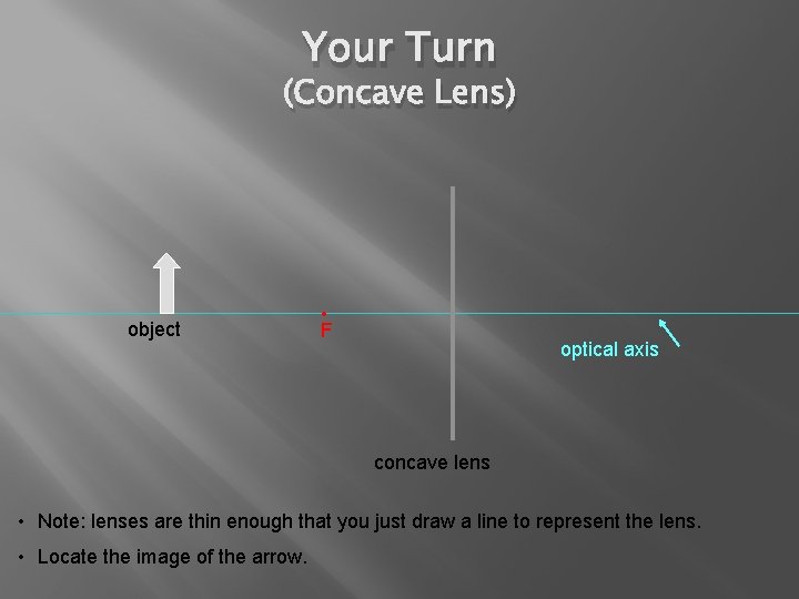 Your Turn (Concave Lens) object • F optical axis concave lens • Note: lenses