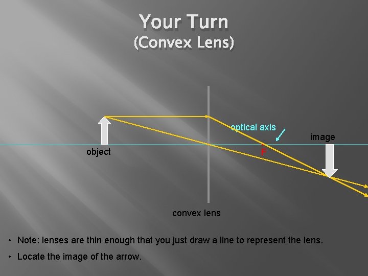 Your Turn (Convex Lens) optical axis • F object image convex lens • Note: