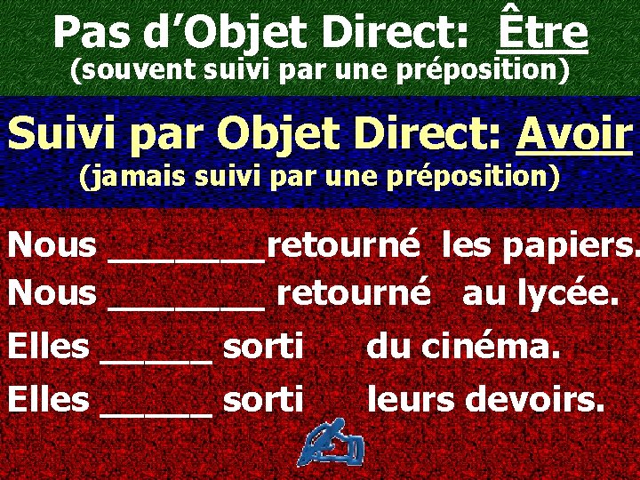 Pas d’Objet Direct: Être (souvent suivi par une préposition) Suivi par Objet Direct: Avoir