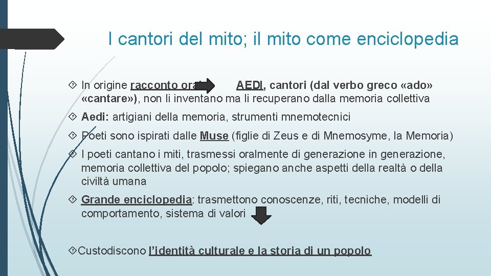 I cantori del mito; il mito come enciclopedia In origine racconto orale AEDI, cantori
