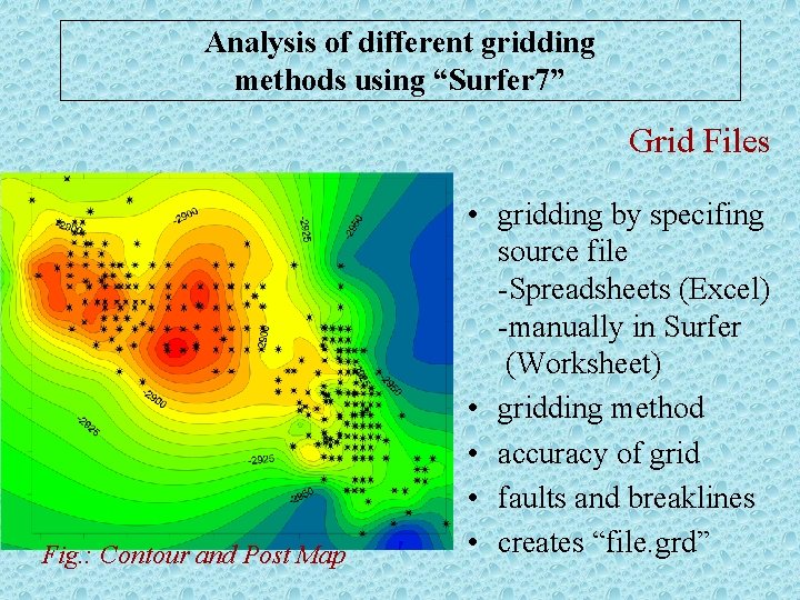 Analysis of different gridding methods using “Surfer 7” Grid Files Fig. : Contour and