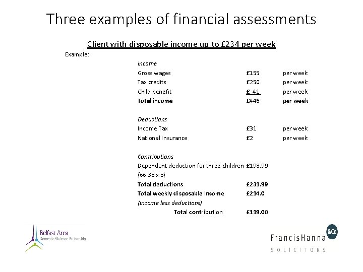 Three examples of financial assessments Client with disposable income up to £ 234 per Three examples of financial assessments Client with disposable income up to £ 234 per
