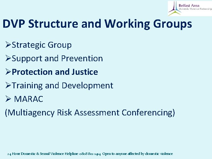 DVP Structure and Working Groups ØStrategic Group ØSupport and Prevention ØProtection and Justice ØTraining DVP Structure and Working Groups ØStrategic Group ØSupport and Prevention ØProtection and Justice ØTraining